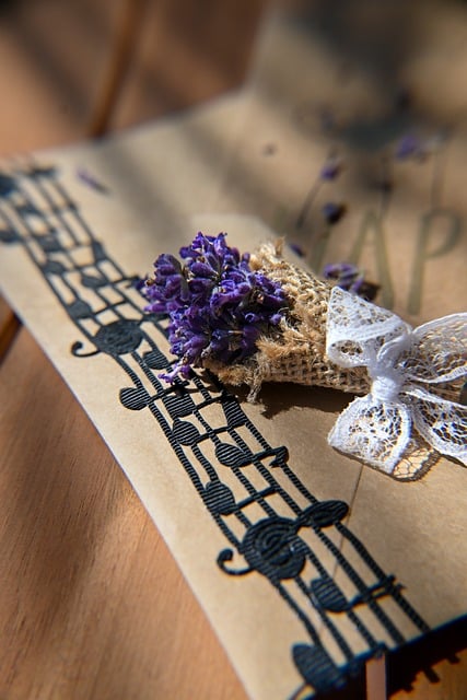 lavender, musical notes, bouquet, natural light, shadow, rustic, vintage, lace ribbon, handmade, home decor, greeting card, craft, dried lavender, sheet music, botanical, artistic composition, sunlight, elegant, floral, minimalism